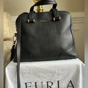 Furla pebble textured black leather satchel handbag.